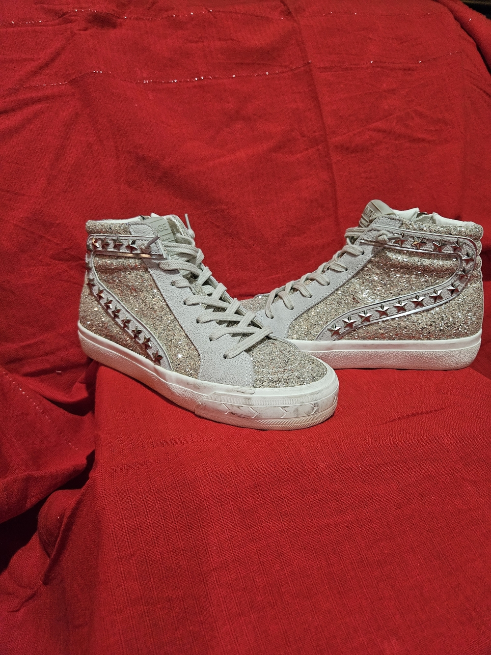 Vintage Havana Silver Glitter High-Top Sneakers with Star Studs
